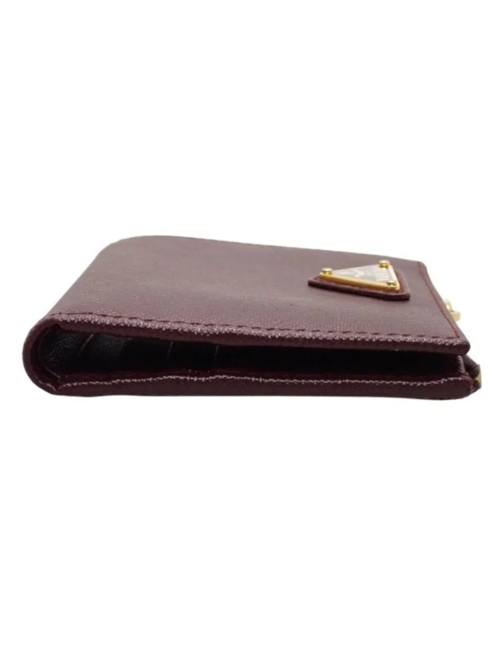 Prada Saffiano Triangle Bifold Wallet Bordeaux Burgundy Gold Genus